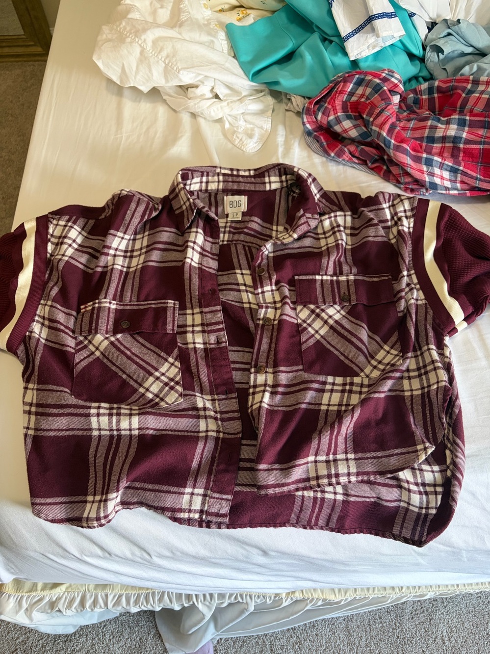 BDG Maroon and Cream Plaid Crop Button-Up Shirt